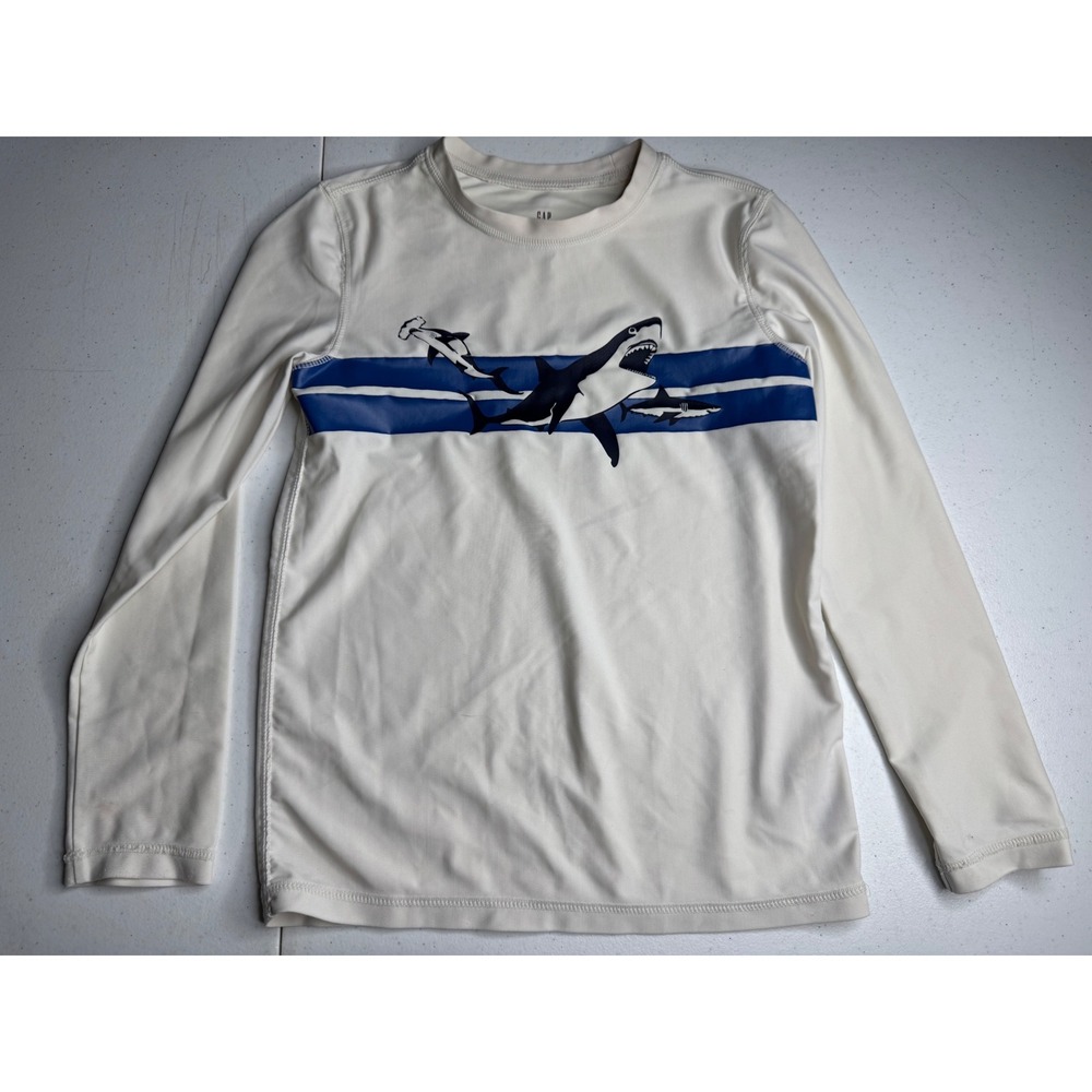 Gap Kids Boys Shark Graphic Rash Guard Long Sleeve Swim Shirt Cream Size S 6-7